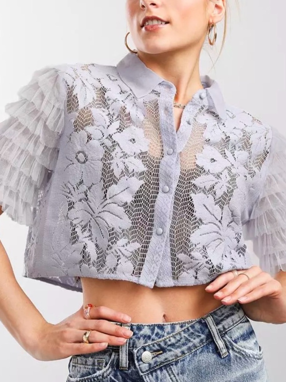 Free People, Madonna, Black Lace Sheer Ruffle Sleeve Cropped Top - Picture 9 of 13